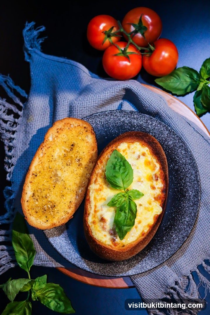 Baked Bread Bowl with Garlic Bread and Tomatoes