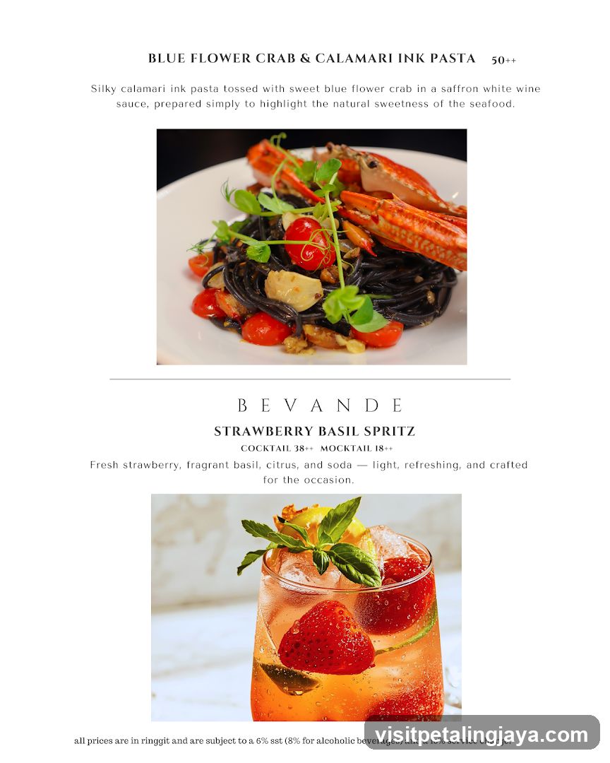Blue Flower Crab & Calamari Ink Pasta and Strawberry Basil Spritz Menu Page