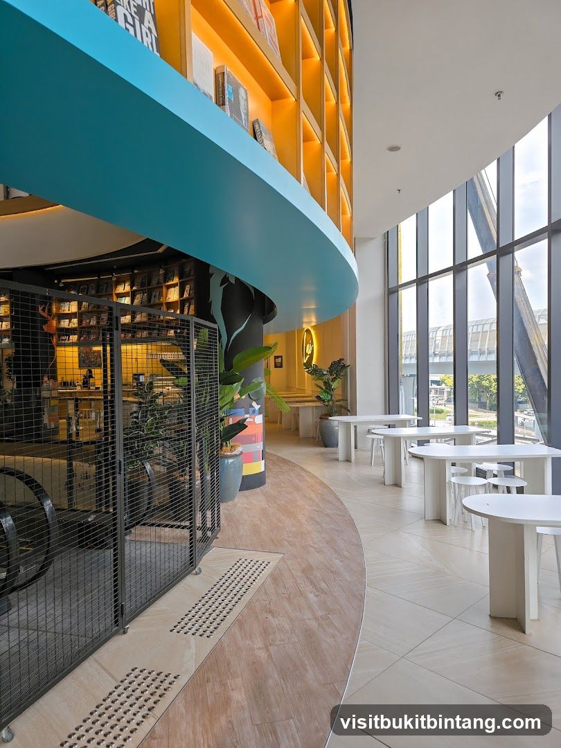Modern Cafe Interior with Bookshelves