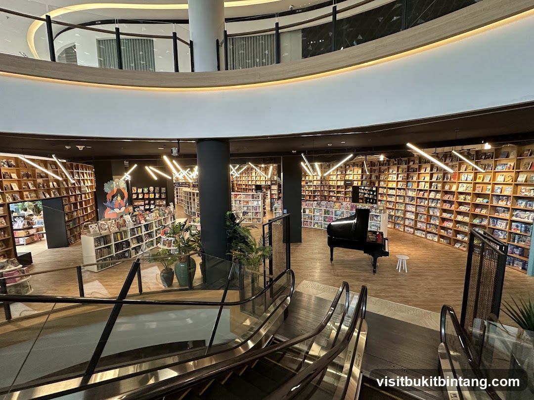 Interior of a bookstore with a piano