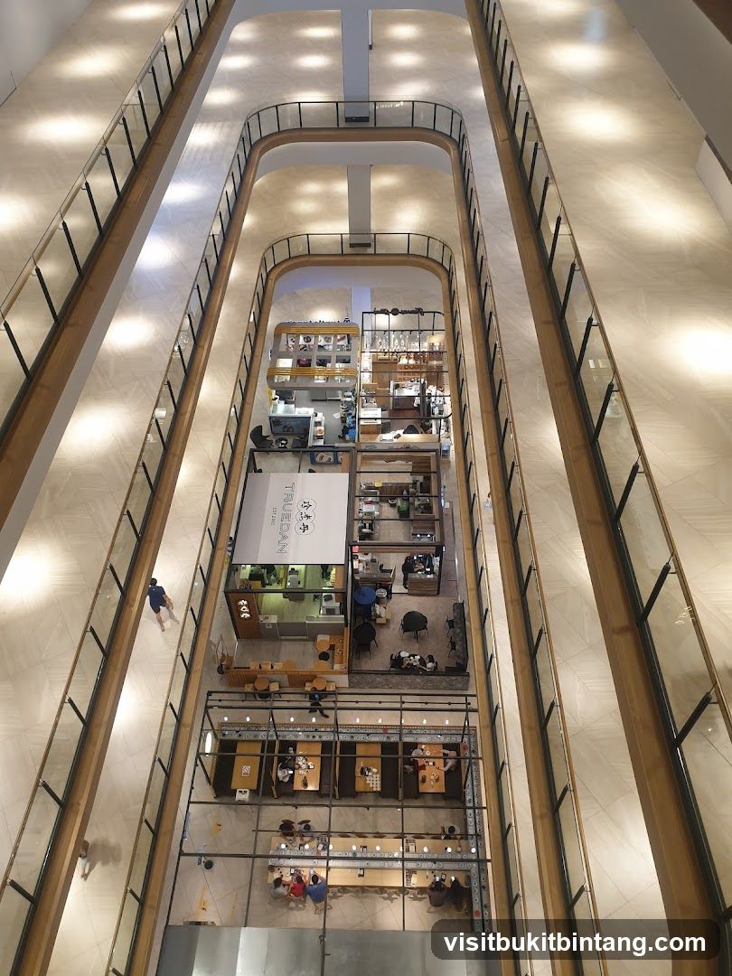 Interior of a multi-level shopping mall with shops and cafes