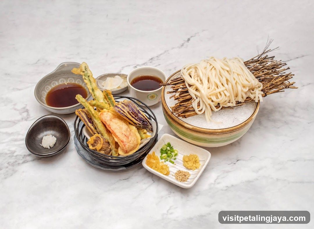 Japanese Noodle Meal with Tempura and Condiments