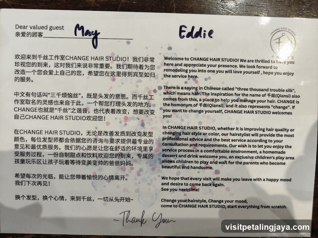 Welcome Letter from CHANGE HAIR STUDIO