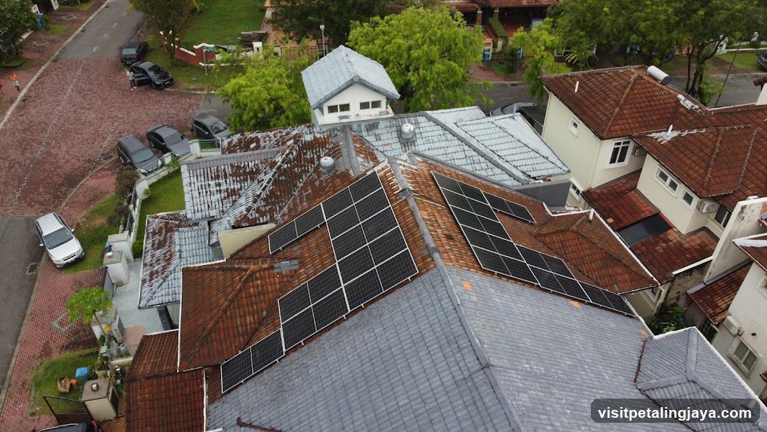 Aerial View of Residential Roofs with Solar Panels