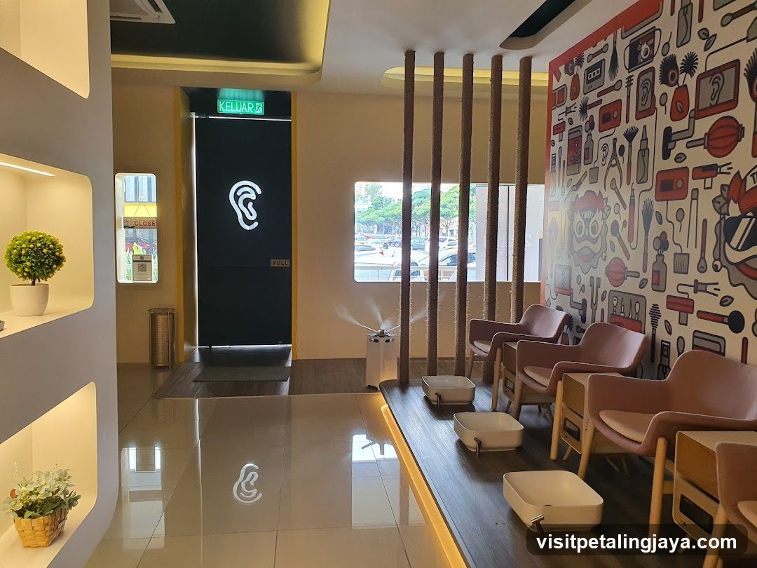 Interior of a modern waiting area with ear-themed decor
