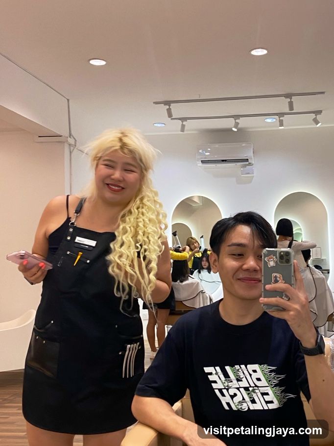 Hair Salon Interior with Staff and Customer