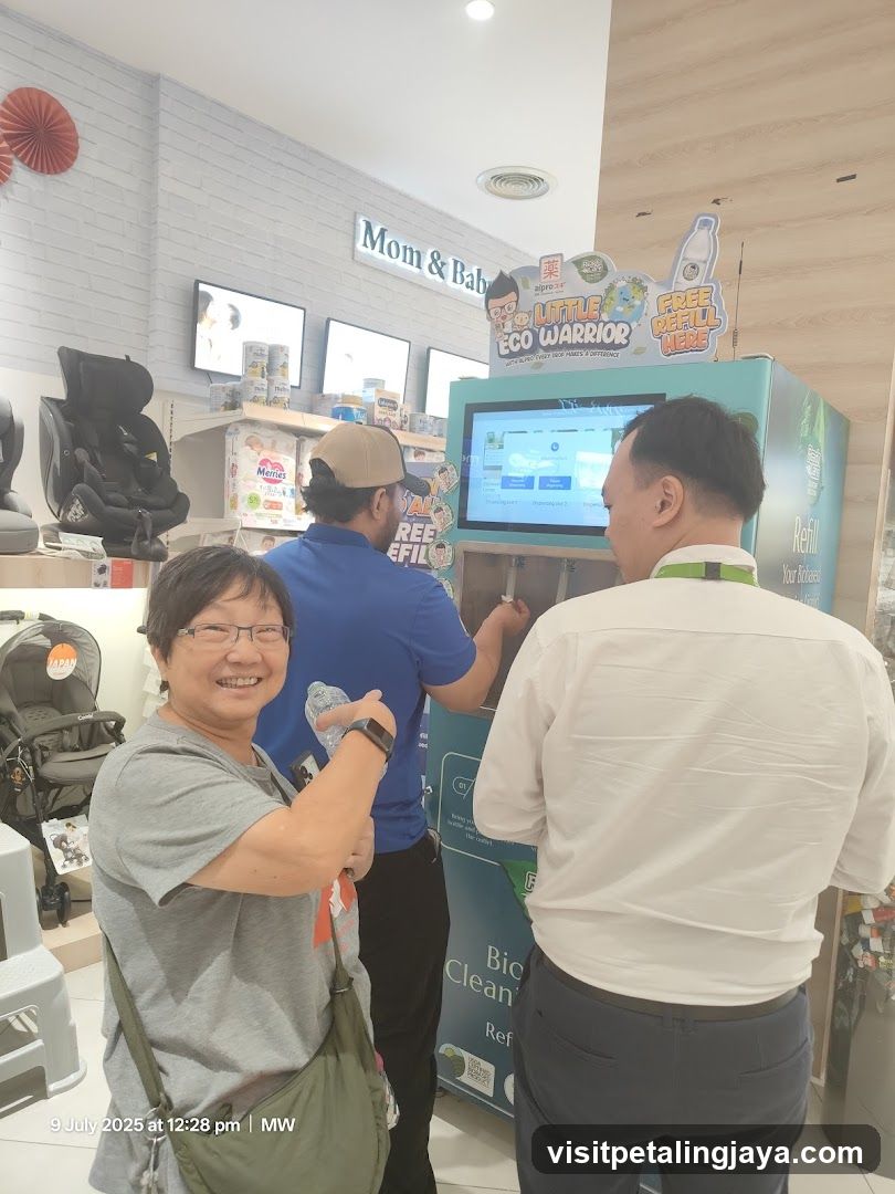 Interior of a baby store with customers at a refill station