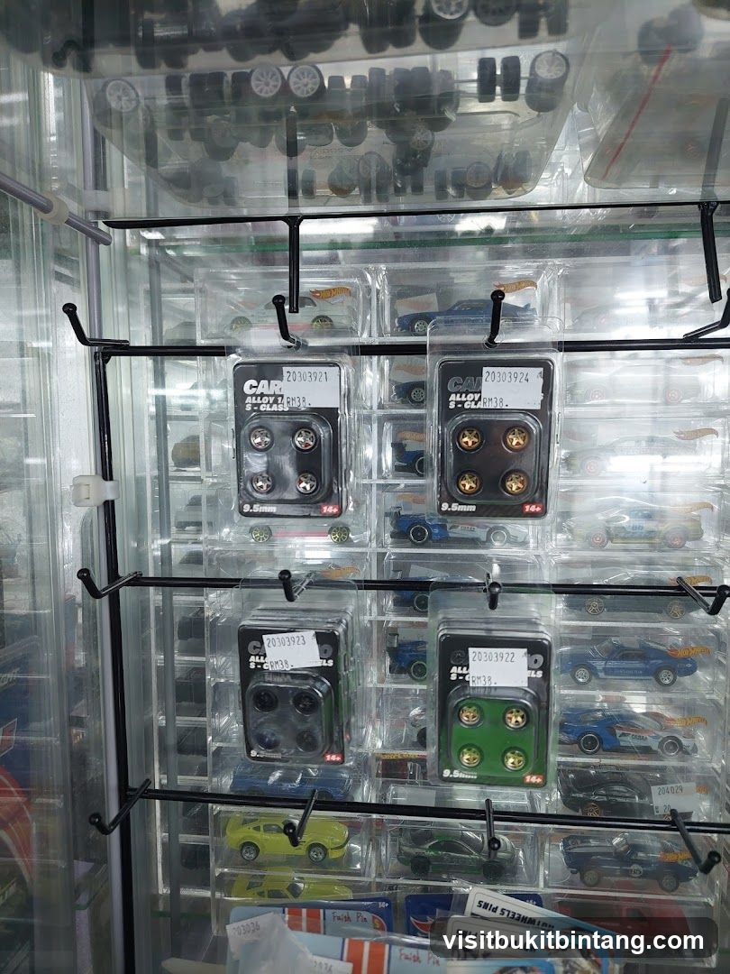 Display of toy car parts and accessories