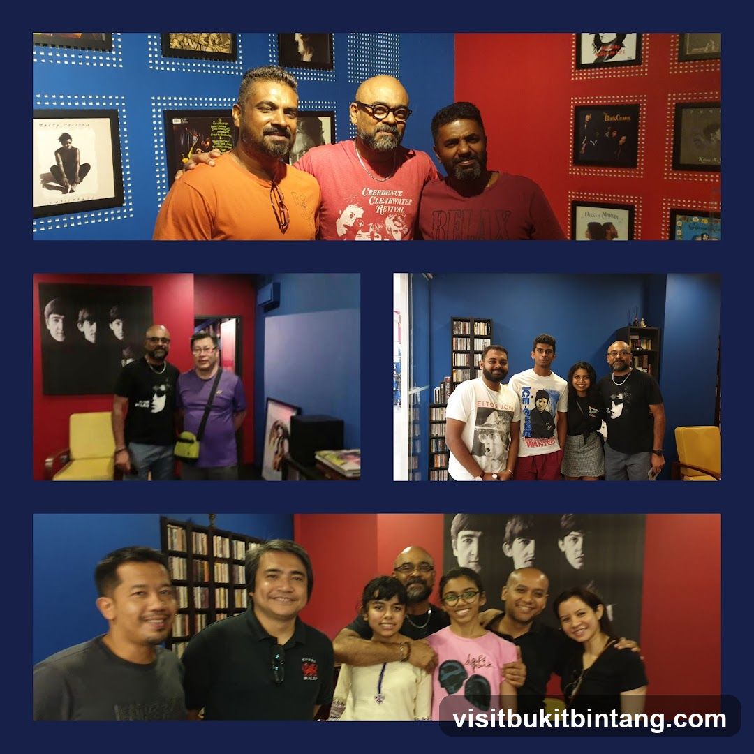 Groups of people posing in a room decorated with music memorabilia