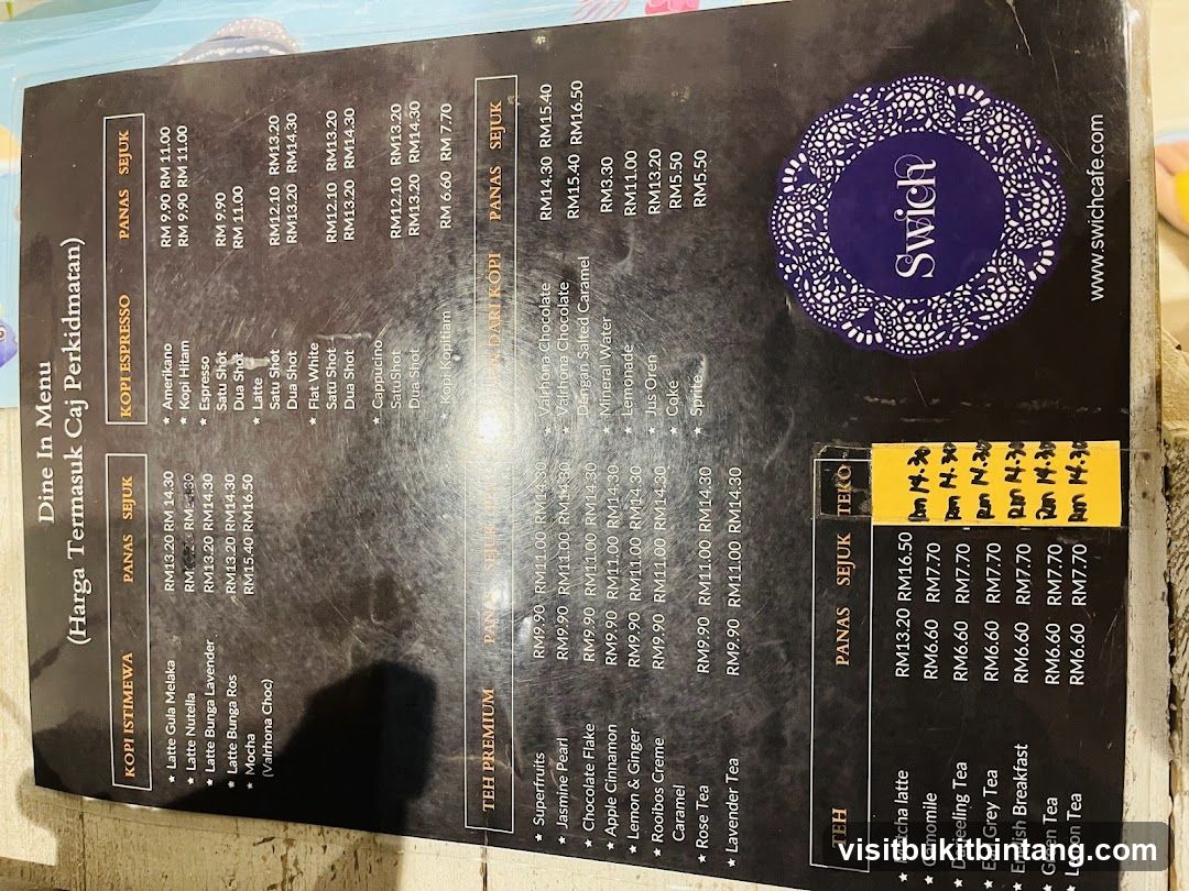 Swich Dine In Menu