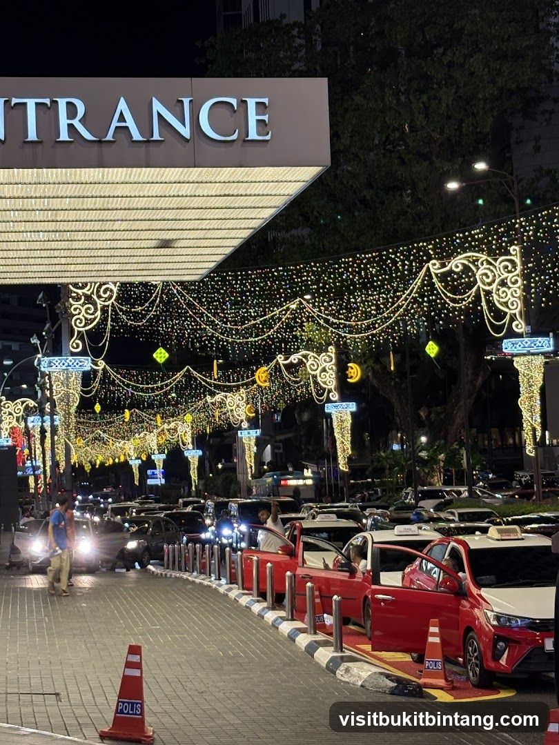 Nighttime street scene with festive lights and traffic