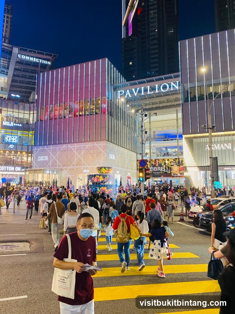 Busy street scene at night with shoppers and illuminated buildings