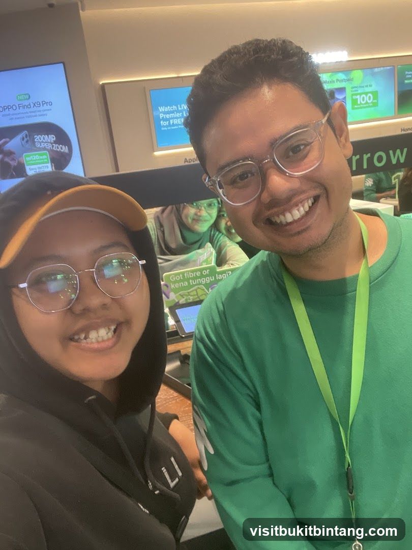 Two people smiling in a store