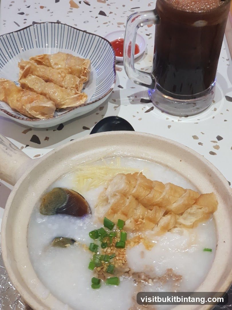 Congee with side dishes and drink