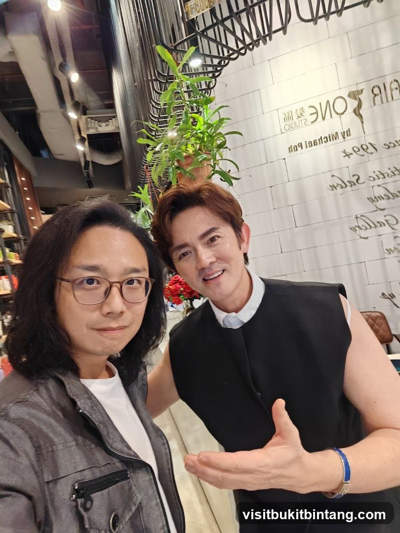 Two men posing in a salon