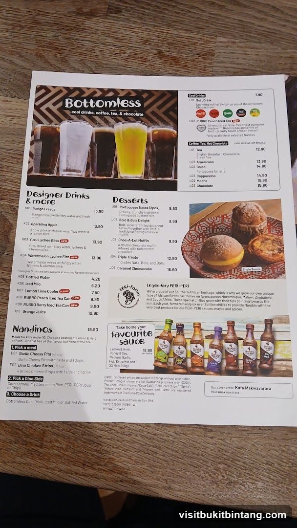 Bottomless Drinks, Desserts, and Sauces Menu