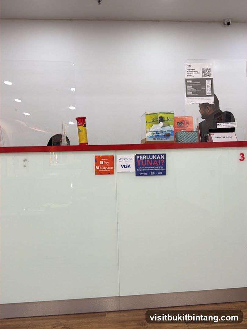 Counter with payment options and promotional material