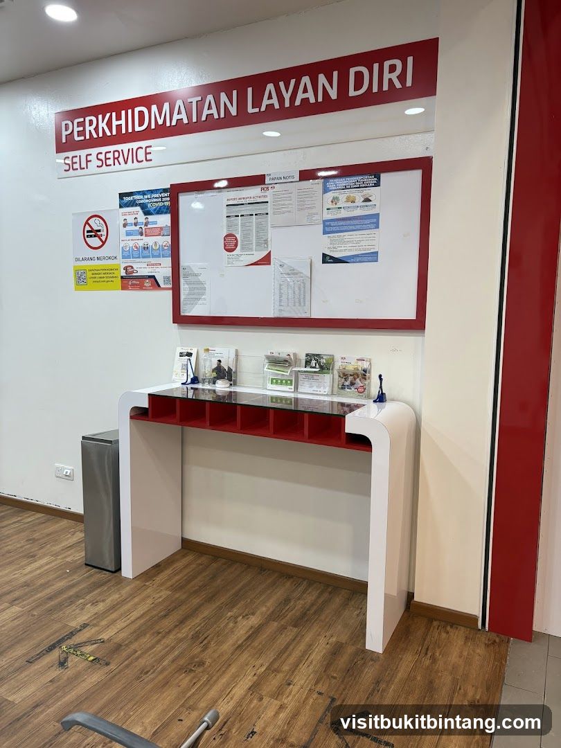 Self-service counter with information boards