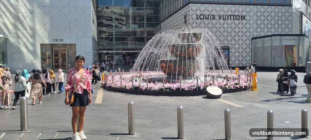 Woman Poses in Front of Fountain and Luxury Stores