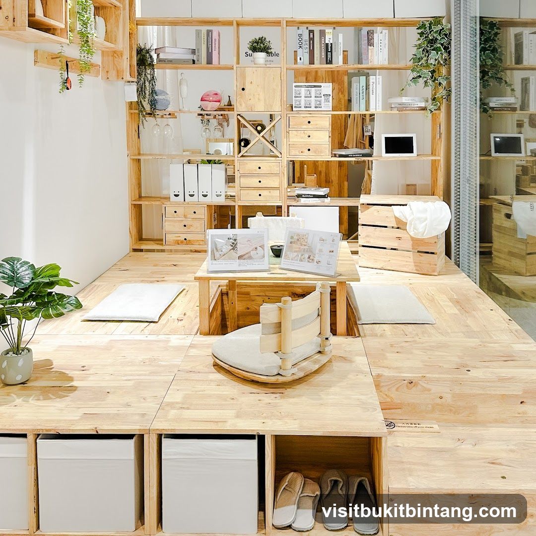 Cozy wooden interior with display shelves and seating area