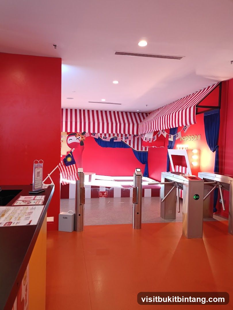 Circus-themed entrance with popcorn stand