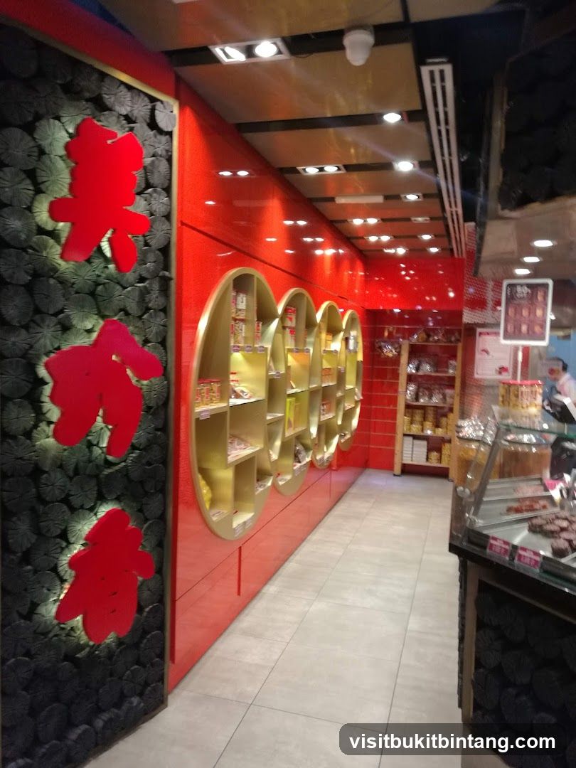Interior of a shop with red and gold accents