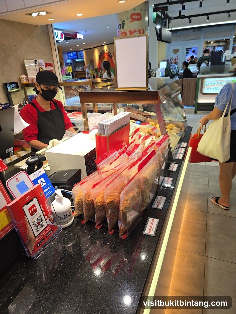 Food stall counter with packaged snacks