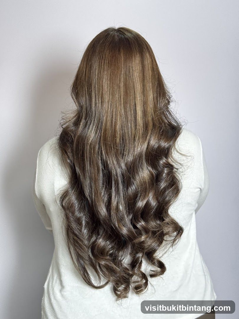 Woman with long, wavy, highlighted hair