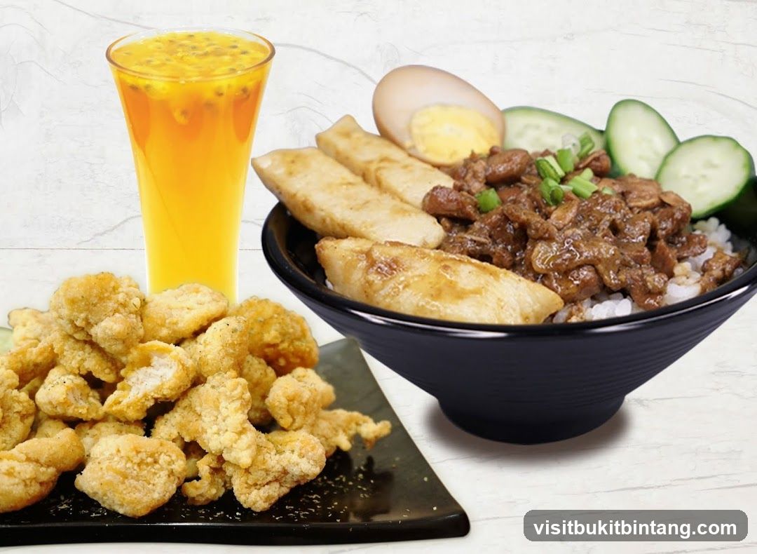 Taiwanese Braised Pork Rice Bowl with Fried Chicken and Passion Fruit Tea