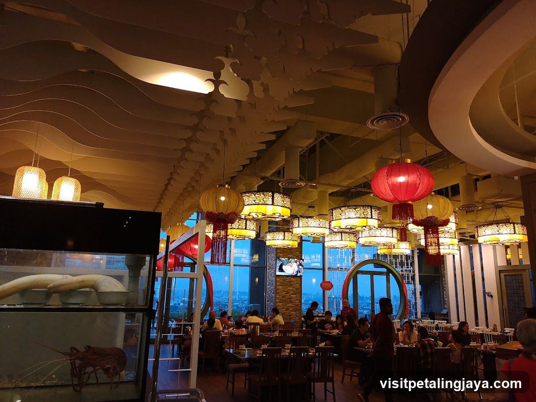 Restaurant Interior with Decorative Ceiling and Lanterns