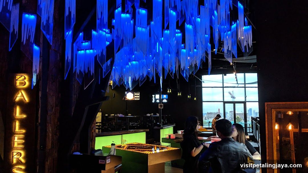 Interior of Ballers Bar with Blue Hanging Decorations