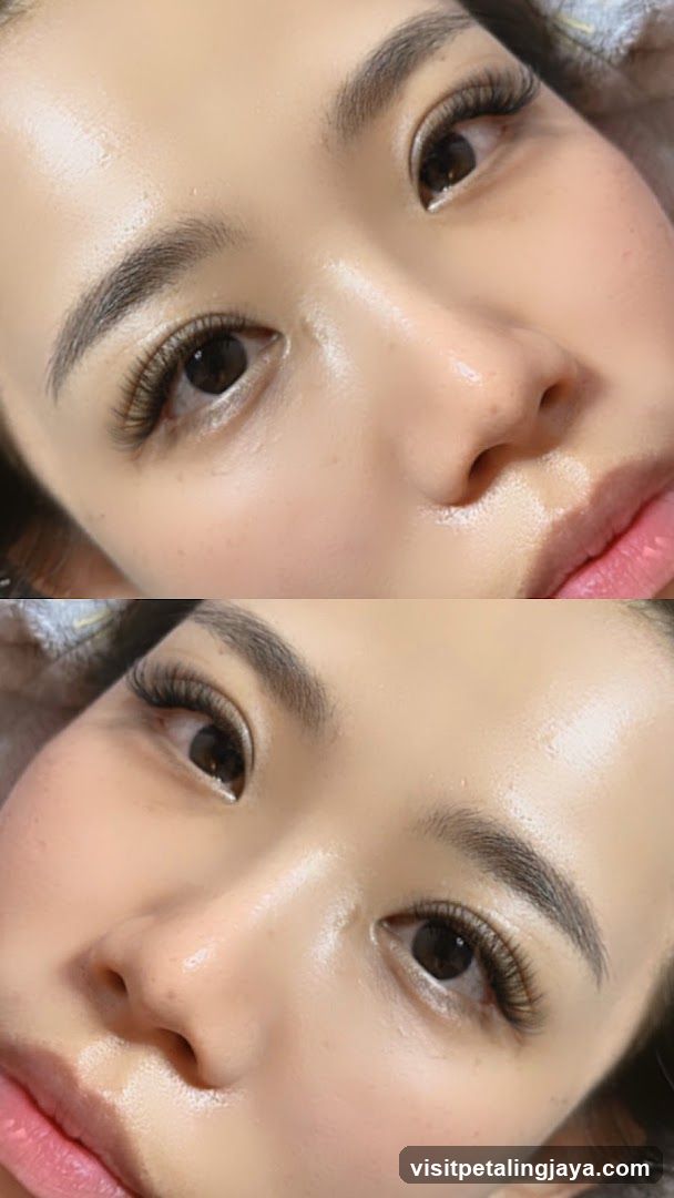 Close-up of a woman's face with glossy skin and makeup