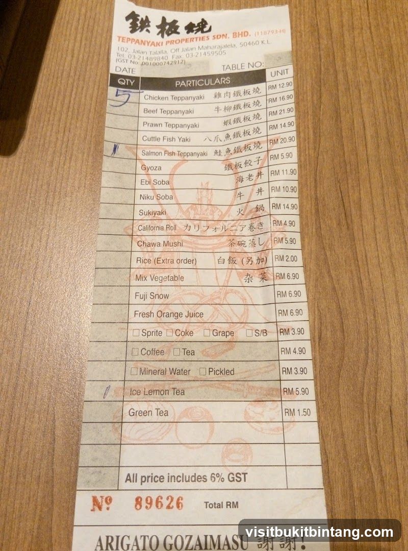 Teppanyaki Menu