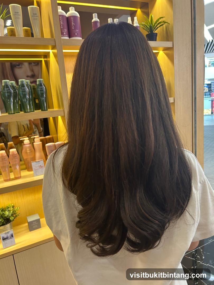 Woman with long brown hair in a salon
