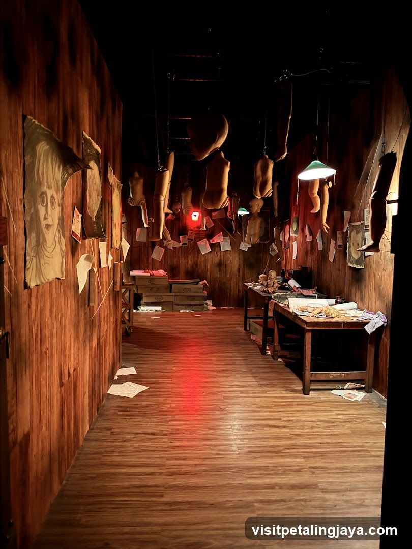 Dark Interior with Hanging Objects and Posters