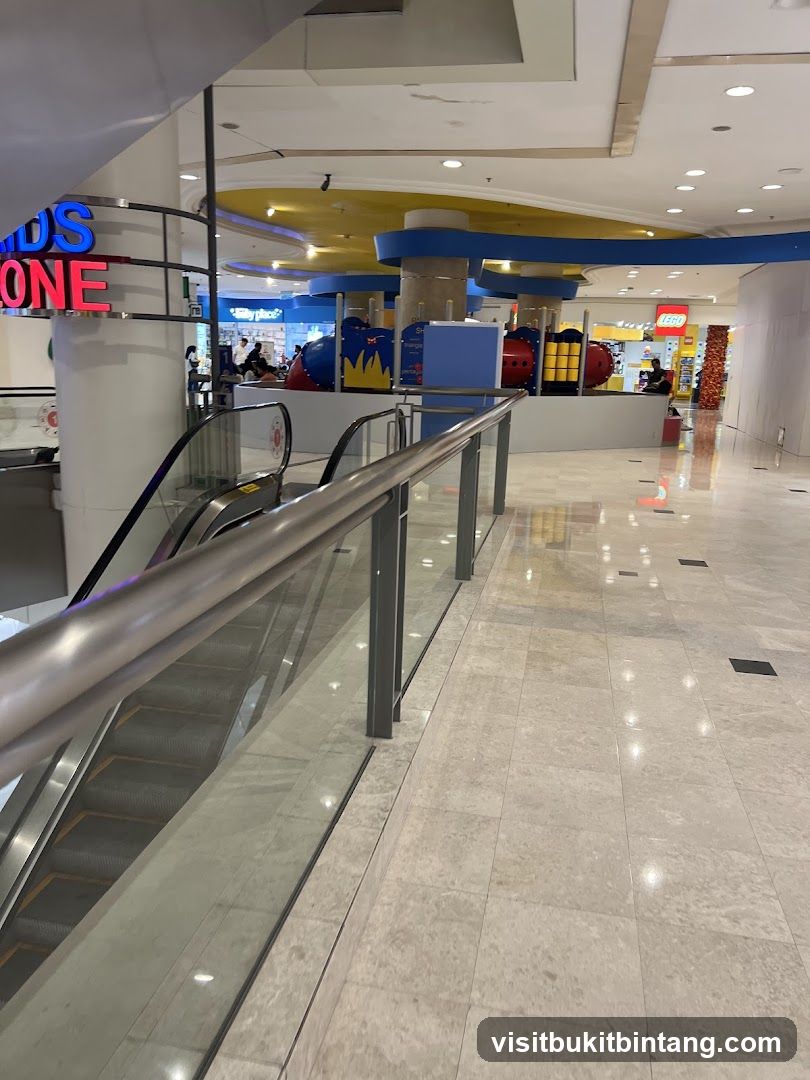 Indoor shopping mall with escalators and play area