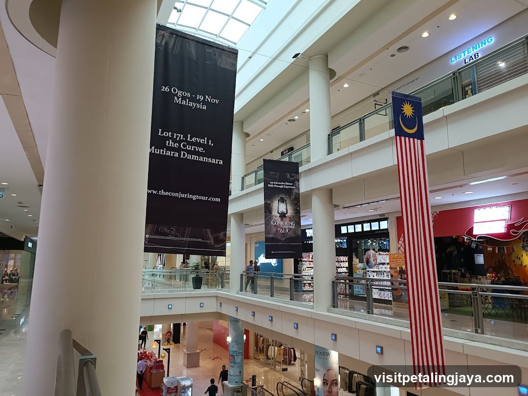 Shopping Mall Interior with Banners and Storefronts