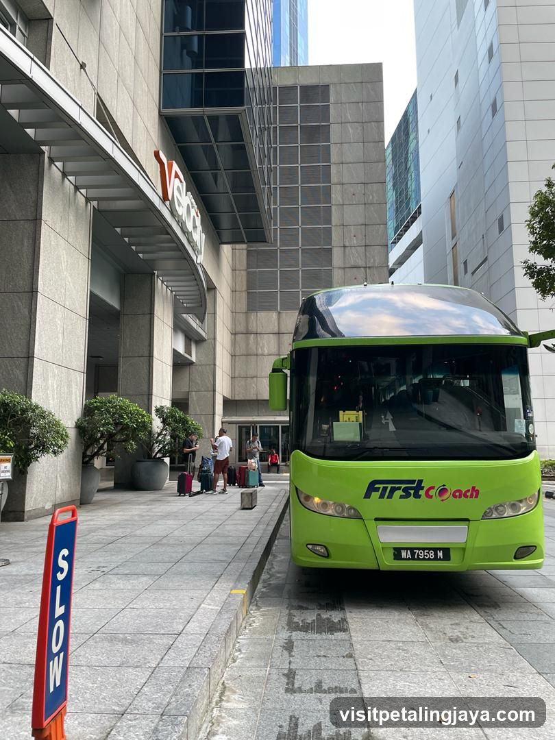 Green Bus at Hotel Entrance