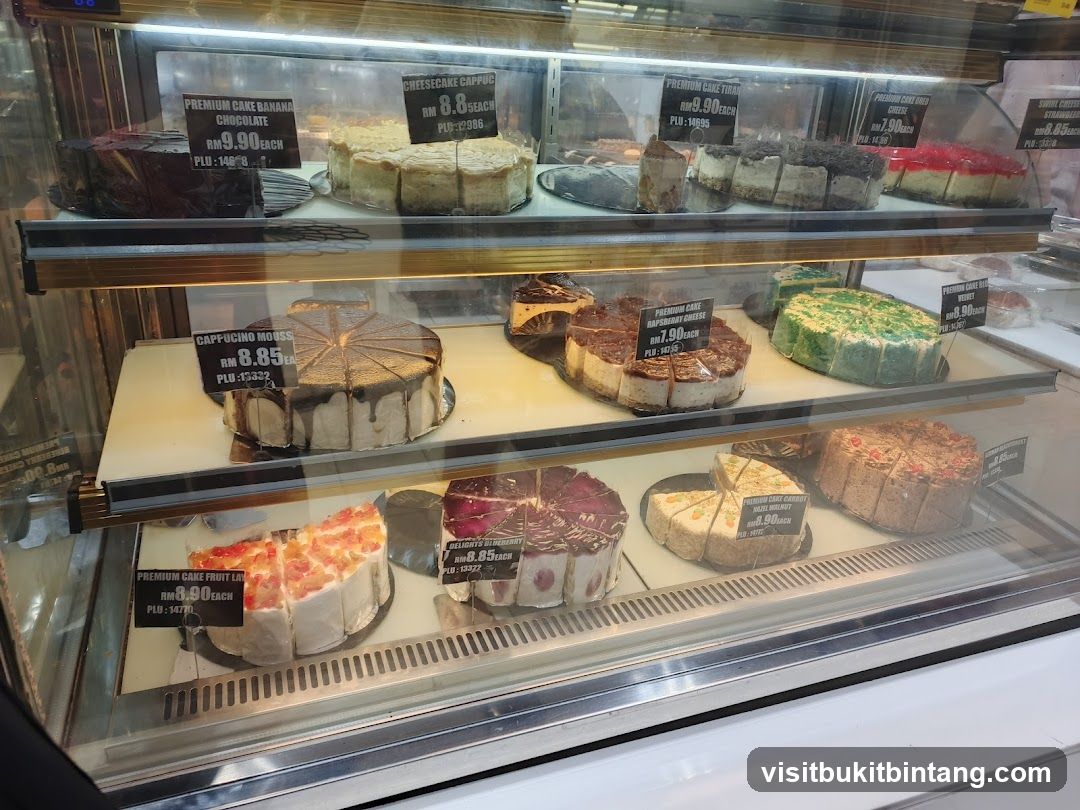 Cakes in a display case
