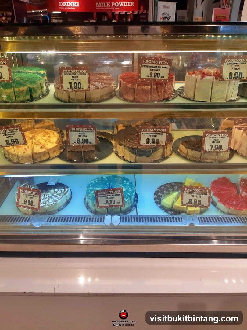 Cakes in a display case