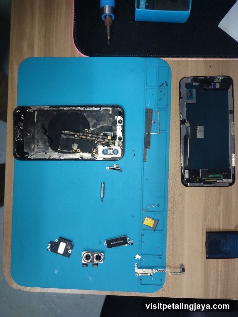 Disassembled Smartphone on Blue Mat