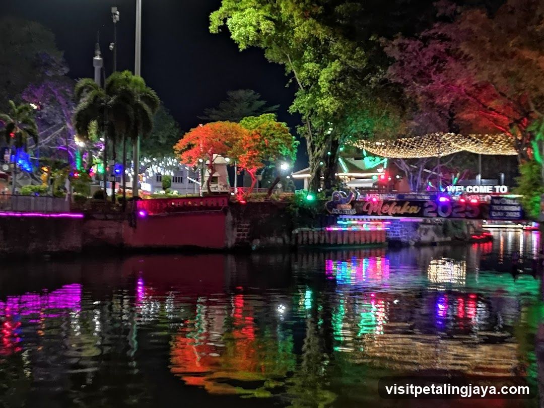 Night Canal Scene with Neon Lights