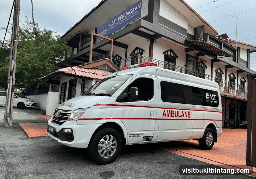 Ambulance parked in front of a building