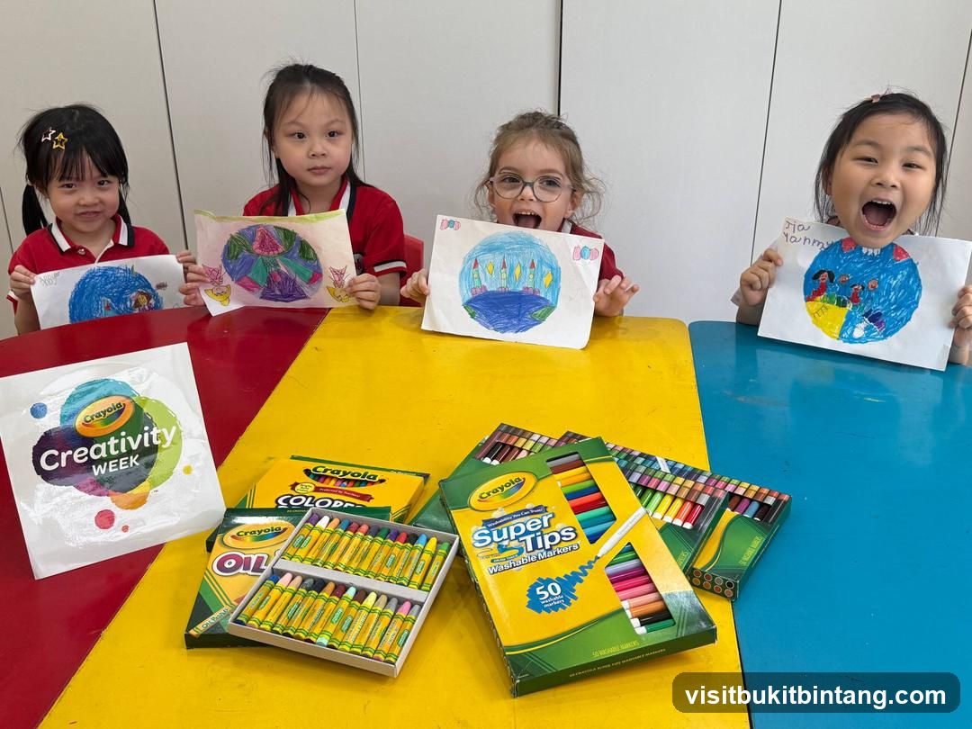 Children with Artwork and Crayola Supplies