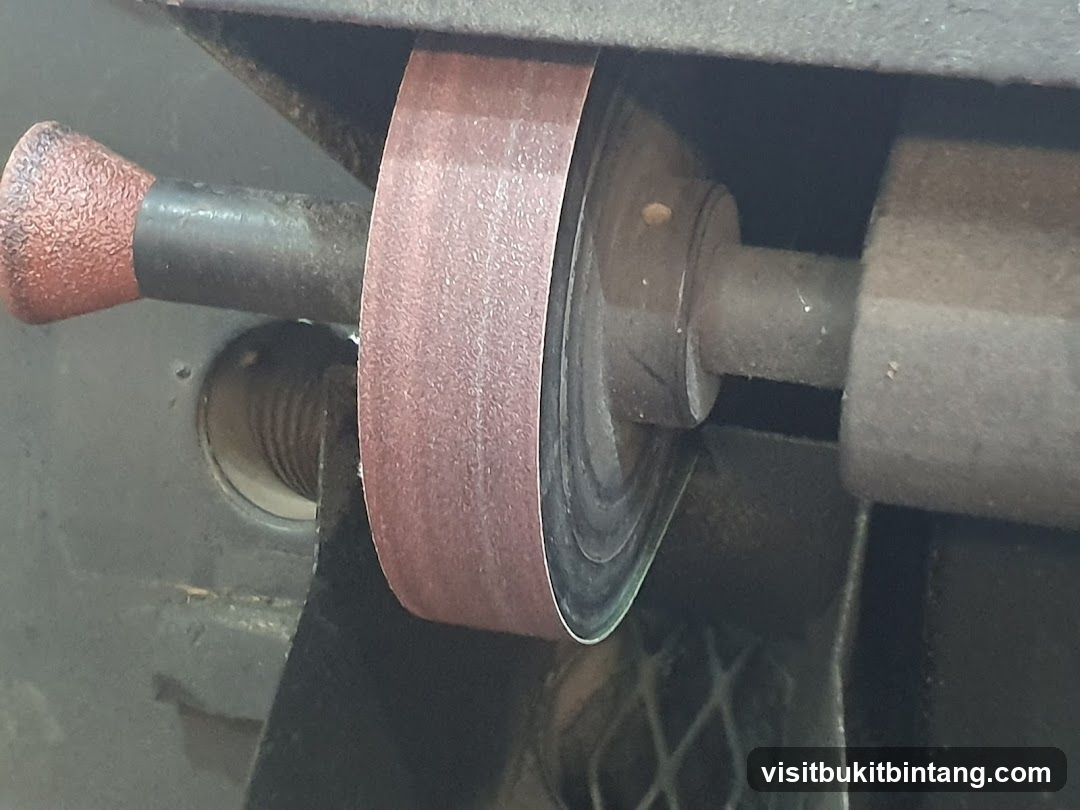 Close-up of a sanding belt on a machine