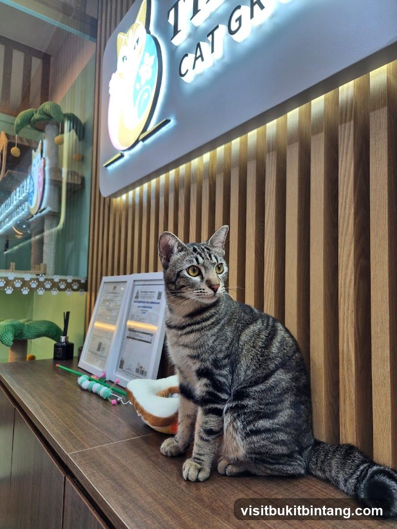 Cat sitting on a counter with a sign above