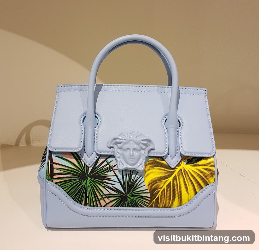 Light Blue Handbag with Medusa Head and Tropical Print