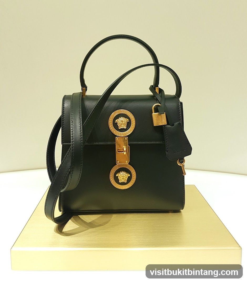 Black Leather Handbag with Gold Medusa Embellishments