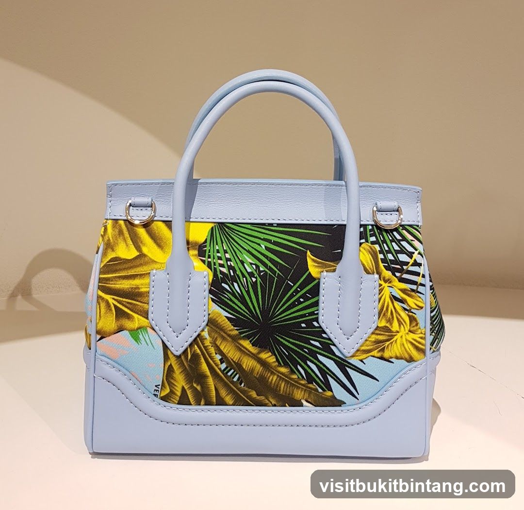 Light Blue Handbag with Tropical Print
