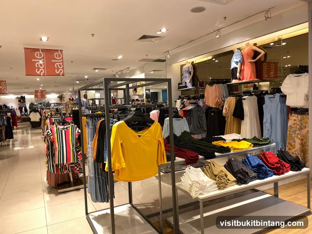 Clothing store interior with sale banners